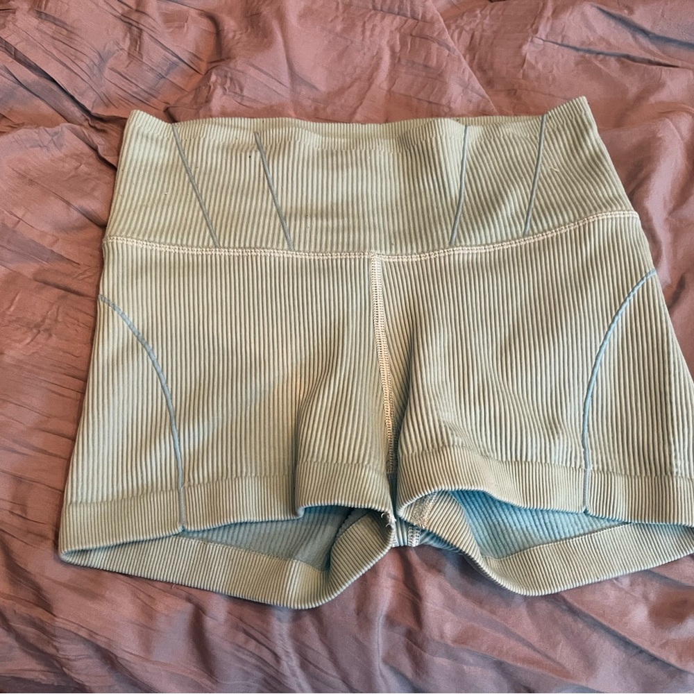 Aerie High-Waist Ribbed Shorts in Light Tan